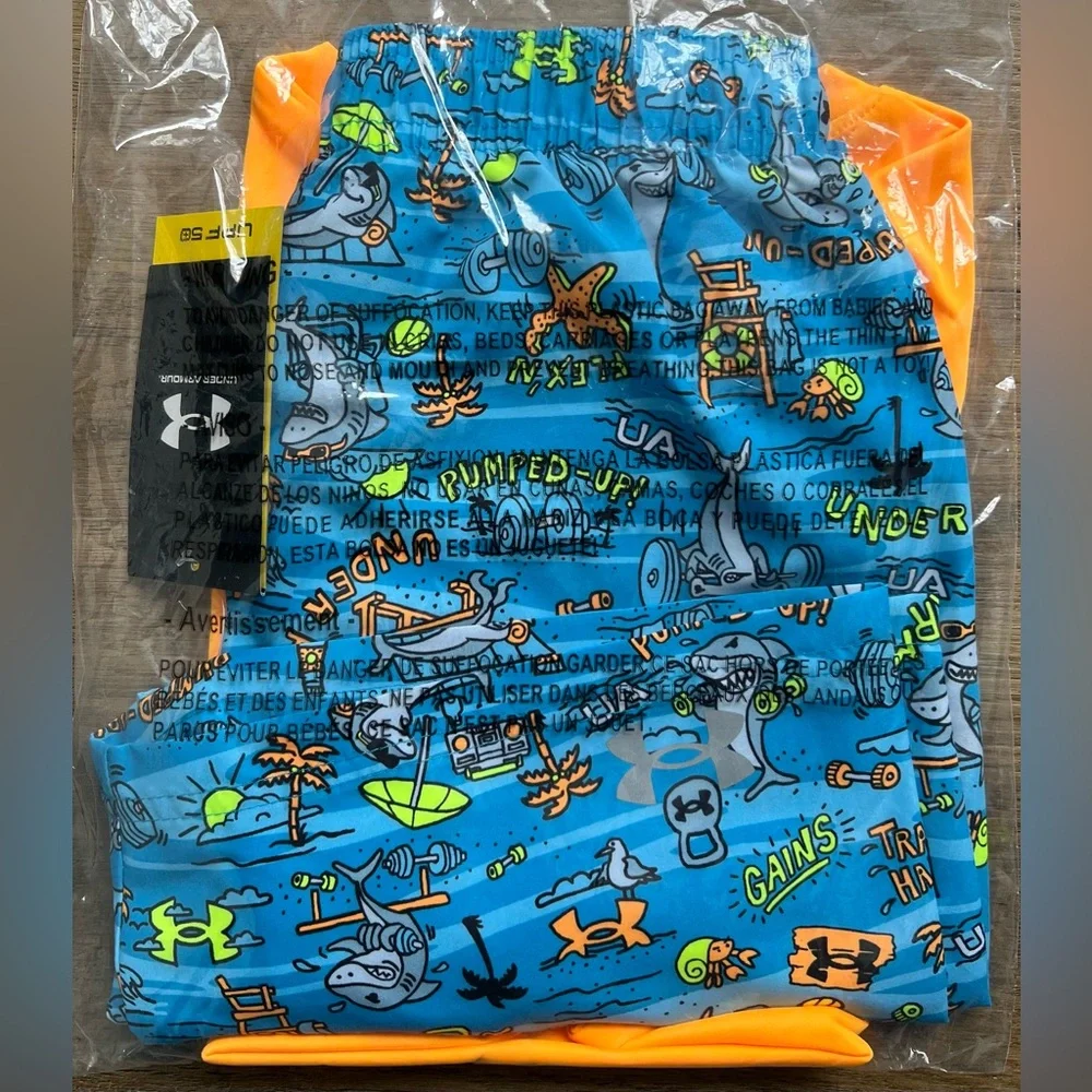 NEW Little Boy Under Armour Orange Rashguard & Blue Swim Trunks Set